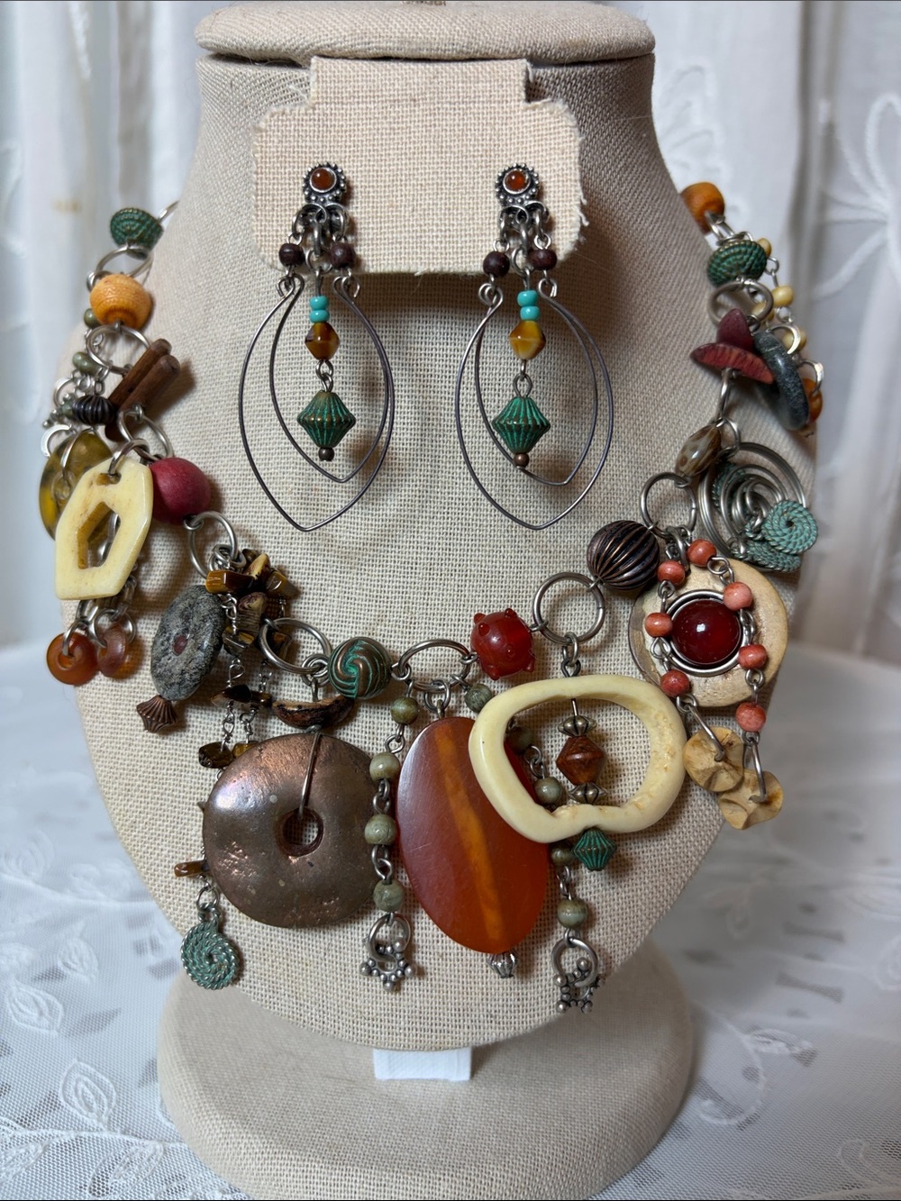 VTG Treska Boho Statement Necklace & Matching Dangle Earrings Set - signed